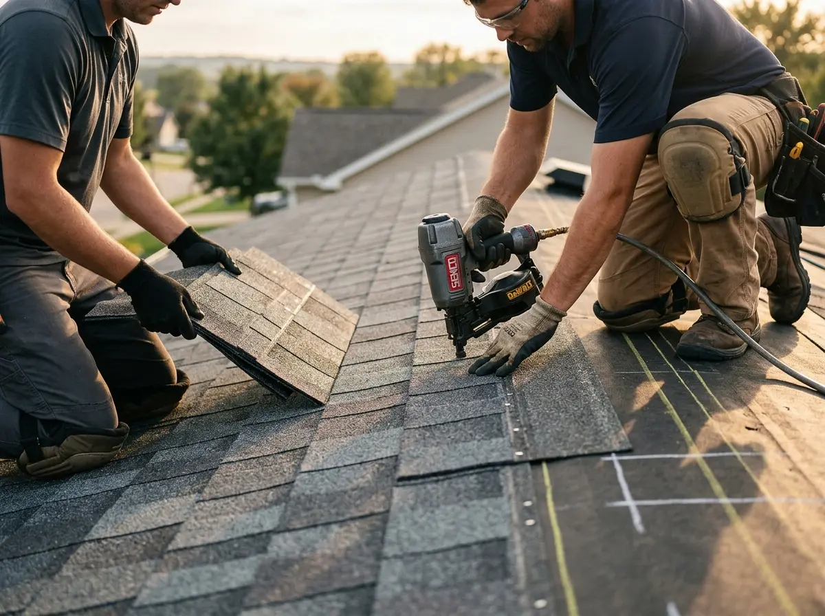Professional roofer working on a residential roof in East Bethel